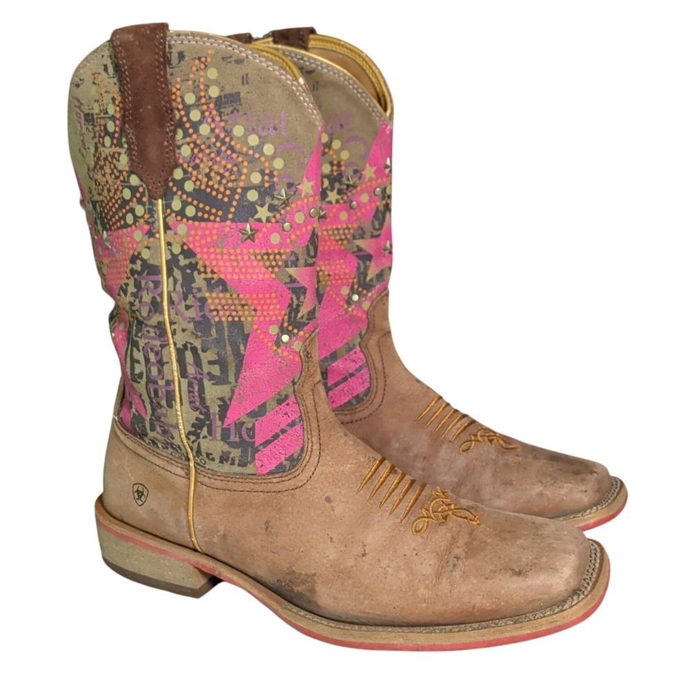 Ariat Rodeobaby Liberty Boots Womens Size 11B Western Square Toe Brown Pink